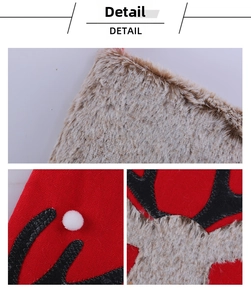 Close-up of red knit Christmas stocking with plush reindeer antlers and faux fur trim