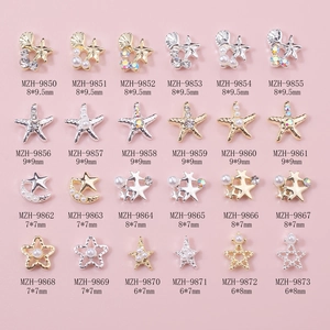 Detailed catalog of gold and silver starfish and moon nail charms with sizes