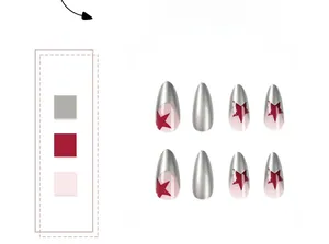 Detail of almond press-on nails featuring silver metallic tips and red star patterns