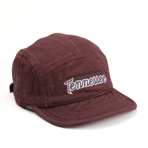 Detail view of burgundy cotton camper hat featuring blue and white vintage embroidery