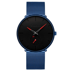 Detail of blue mesh band men's watch with black minimalist dial and red hands