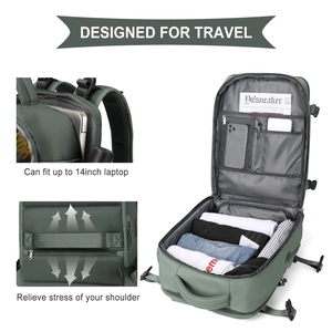 Detail view of green travel backpack showing 14-inch laptop compartment and pressure relief back