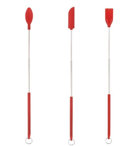 Juego de 3 utensilios de cocina telescópicos de silicona roja con cuchara y espátula