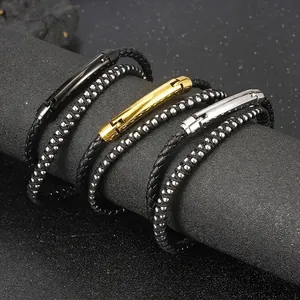 Men Double Layer Braided Leather Bracelet Stainless Steel Metal Beads Magnetic Buckle Trendy Minimalist Wristband