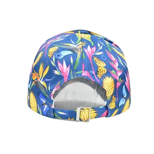 Detail of tropical butterfly print baseball cap with adjustable silver metal buckle