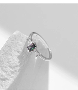 Macro shot of S925 silver ring featuring a vibrant square multi-color gemstone
