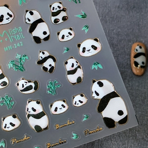5D Ultra-thin Panda Nail Stickers with Gold Outlines and Bamboo Designs for Manicure Art