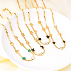 Parure Collier Et Bracelet En Acier Inoxydable Plaqué Or Chaîne Serpent Plate Pendentifs Cœur Papillon Étoile Trèfle Pour Femme
