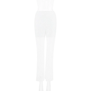 Sexy weiße transparente Spitzenhose mit hoher Taille und ausgestelltem Mesh-Bein