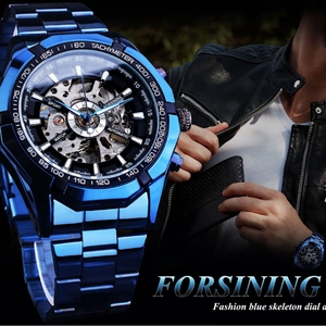 Forsining automatic mechanical watch with electric blue skeleton dial and steel strap