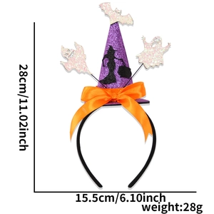 Detail view of purple glitter witch hat headband with orange bow and dimensions
