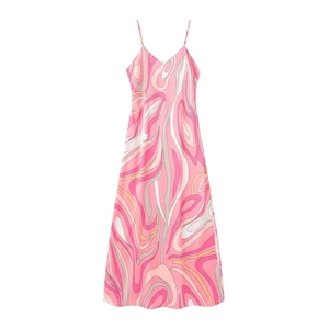 Rückenfreies Maxikleid mit rosa Abstrakt-Paisley-Muster und geometrischen Elementen