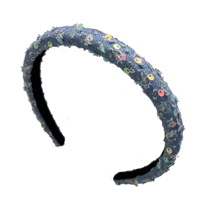 French style denim headband with colorful sequins and frayed edges for autumn winter fashion