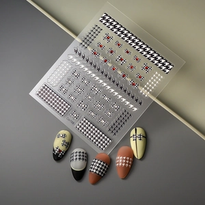 Klassische Nagelaufkleber mit Hahnentrittmuster, 3D-Schleifen und französischem Design