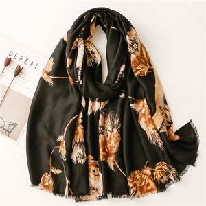 Elegant Scarf Shawl Satin Polyester Gold Stamping Botanical Print Frayed Edge Soft Lightweight Winter Autumn Women