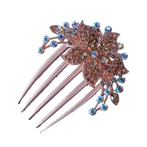 Elegant rose gold flower hair comb with colorful rhinestones for women's bun hairstyles