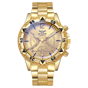 Men's large gold alloy quartz sports watch with metal band and decorative subdials on white back