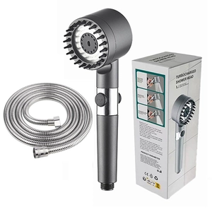 Pressurized shower head set with turbo fan, stop button, hose and retail packaging box
