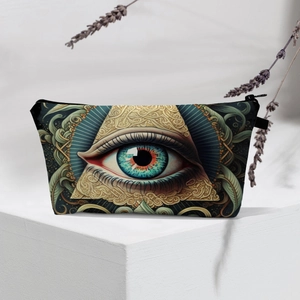 Close-up of waterproof Evil Eye makeup bag with zipper against a minimalist floral background