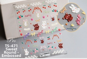 Makro-Detail von 3D-Präge-Nagelstickern mit süßen Bären- und Kirschmustern