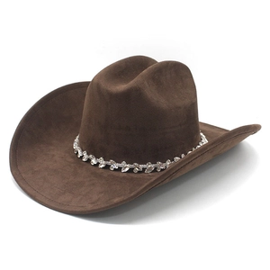 Brown faux suede western cowboy hat with sparkling rhinestone chain band on white background