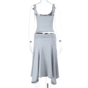Rear view of grey two-piece set featuring a cropped top and midi skirt with soft fabric