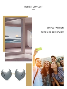 Detail of rimless devil heart sunglasses with gray lenses and gold bridge in collage style