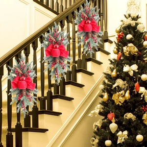 Guirlande De Noël Artificielle Avec Aiguilles De Pin En PVC Baies Rouges Pommes De Pin Et Nœud En Velours Pour Mur De Porte