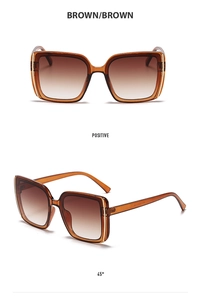 Detail view of brown square sunglasses with transparent frames from multiple angles