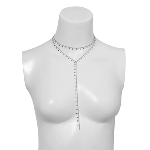Detail of silver bohemian Y-shaped multilayer long tassel necklace with droplet pendants