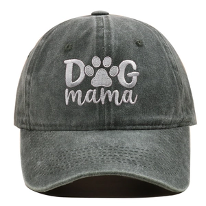 Detailed close-up of DOG mama embroidery on vintage washed grey cotton baseball cap
