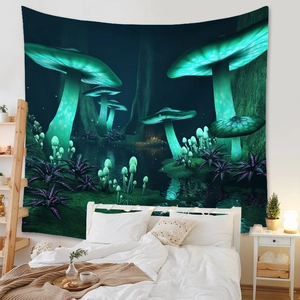 Detailed bedroom wall view of a bohemian glowing mushroom forest tapestry decoration