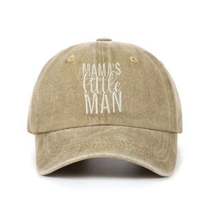 Detail of khaki washed cotton kids cap with white embroidered MAMA'S little MAN text