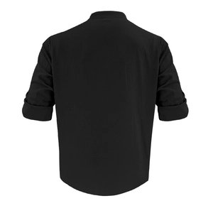 Vue arrière détaillée d'une chemise homme noire en coton et lin avec tissu texturé et col officier