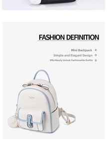 Detail of mini backpack with metal bow, plush pendant, and textured synthetic leather
