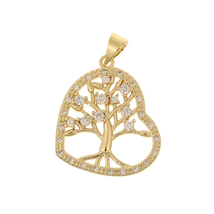 Detailed close-up of a gold heart-shaped Tree of Life pendant with sparkling zircons