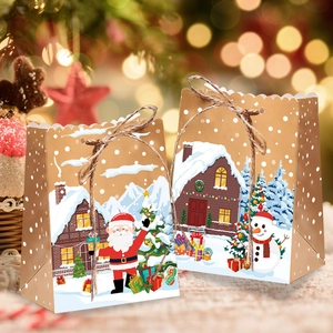 Christmas gingerbread house kraft paper gift bags with Santa and snowman illustrations
