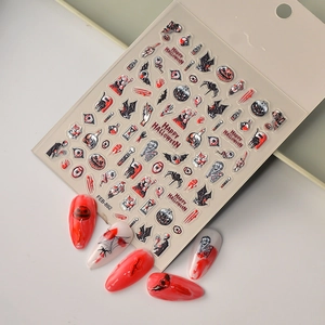 5D embossed Halloween nail stickers featuring spiders skulls and bats with demo nails