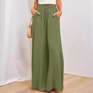 Women's high waist wide leg pants in olive green with elastic drawstring waist