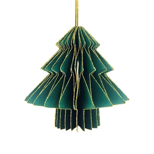 Detail of green paper honeycomb Christmas tree ornament with elegant gold glitter edges