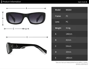 Size chart for W6064 square sunglasses with 146mm frame width and detailed PC dimensions