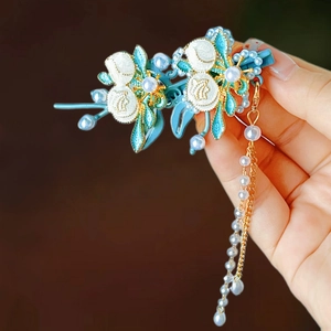 Pince à cheveux tulipe bleue élégante avec pompons de perles et métal émaillé de style
