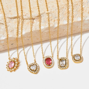 Golden titanium steel necklaces with colorful micro-inlaid gemstone pendants for women