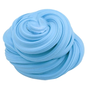 Blue buttery slime with smooth spiral texture and stretchy non-sticky clay consistency