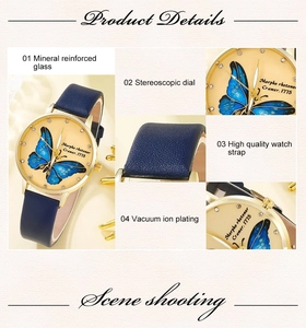 Detailed macro view of crystal indices and blue morpho butterfly pattern on watch dial