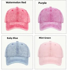 Detail of washed denim baseball caps in watermelon red, purple, baby blue, and pink colors