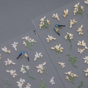 Matte cartoon nail stickers with elegant magnolia flower and blue bird patterns