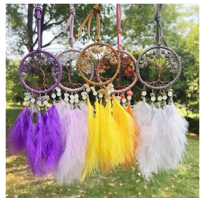 Detailed set of five Tree of Life dreamcatchers with natural crystals and vibrant feathers