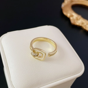 Geometric Square Open Ring Copper Cubic Zirconia White Enamel Buckle Design French Elegant Jewelry For Women