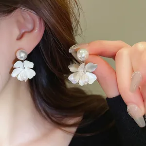 French vintage floral drop earrings with freshwater pearls and matte white petals